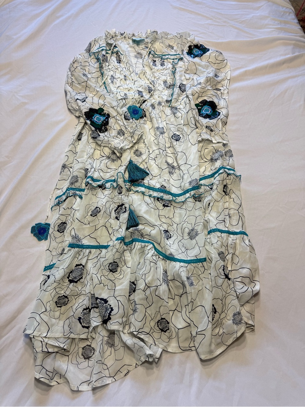 TAJ by Sabrina Crippa White Floral Dress with Teal Accents
